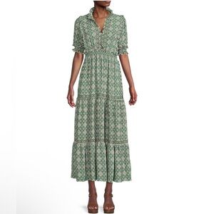 Max Studio EUC Tiered Floral Ruffled V-Neck Short Sleeve Green Midi Dress